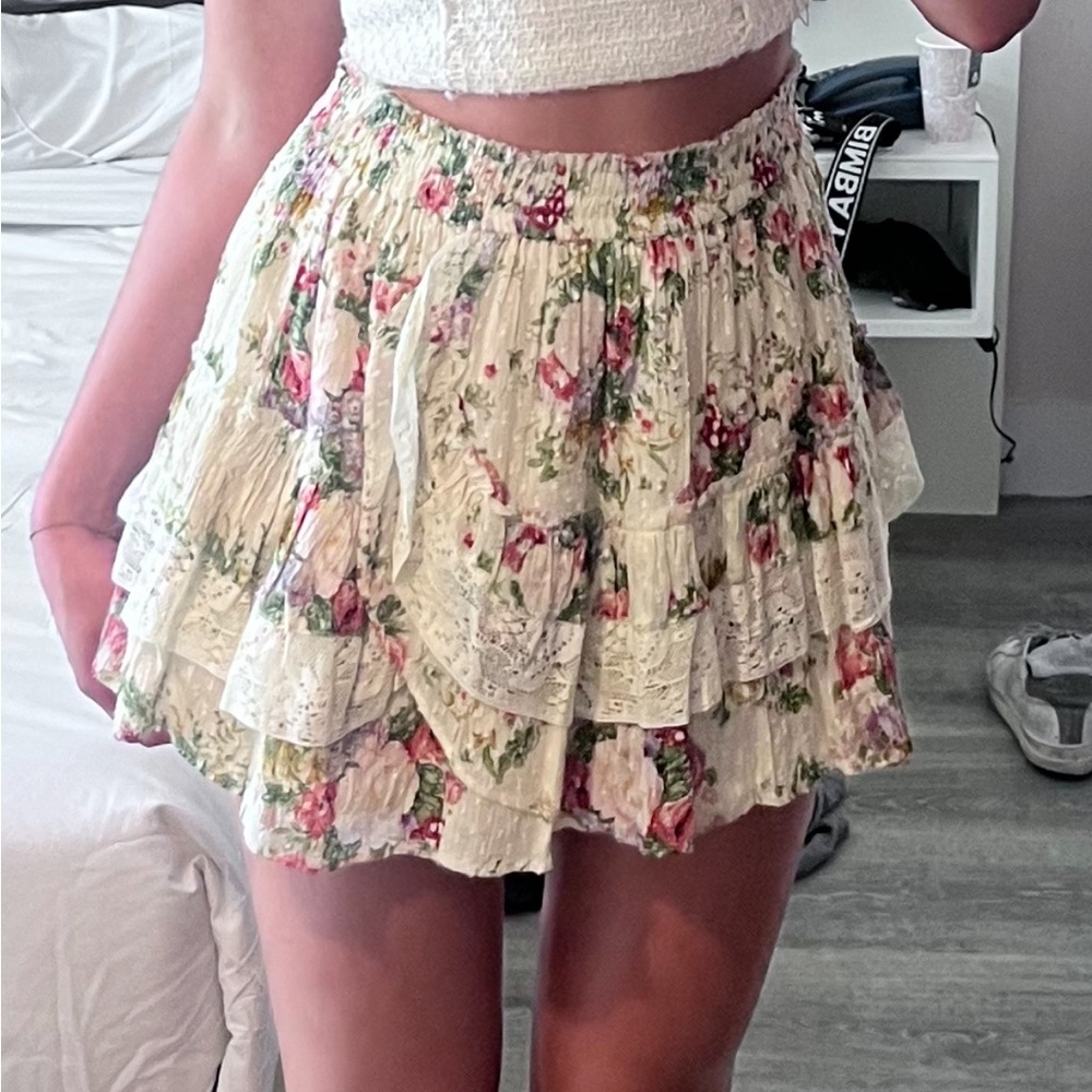 LoveShackFancy Cream Floral Mini Skirt